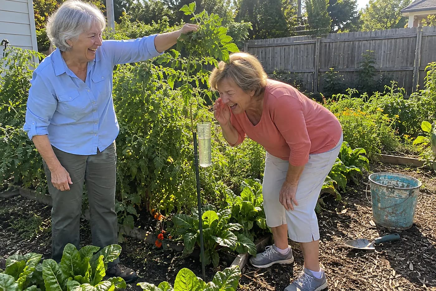 Older woman reading a rain gauge beside her vegetable bed.