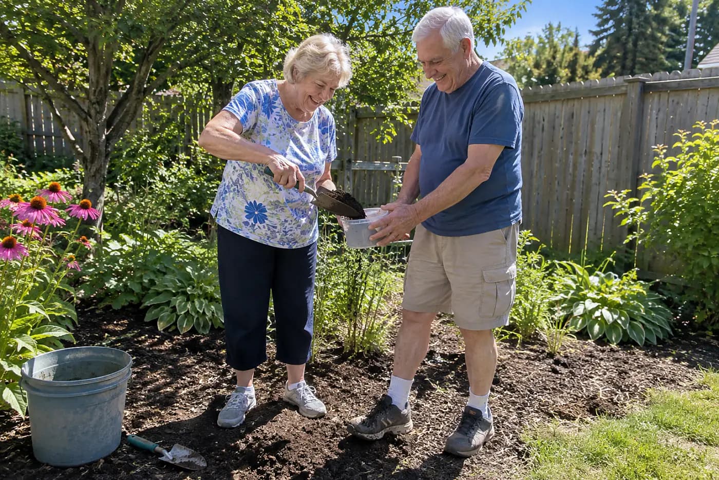 Older woman collecting soil from a garden bed into a sample container.