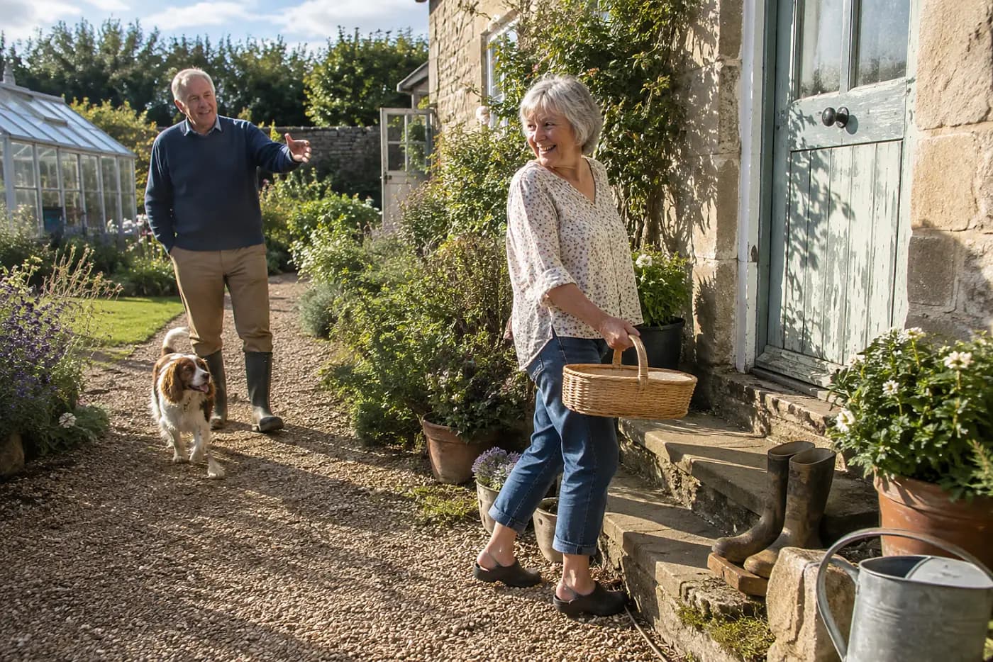 Older woman walking toward her back door with an empty basket along a clear garden path.