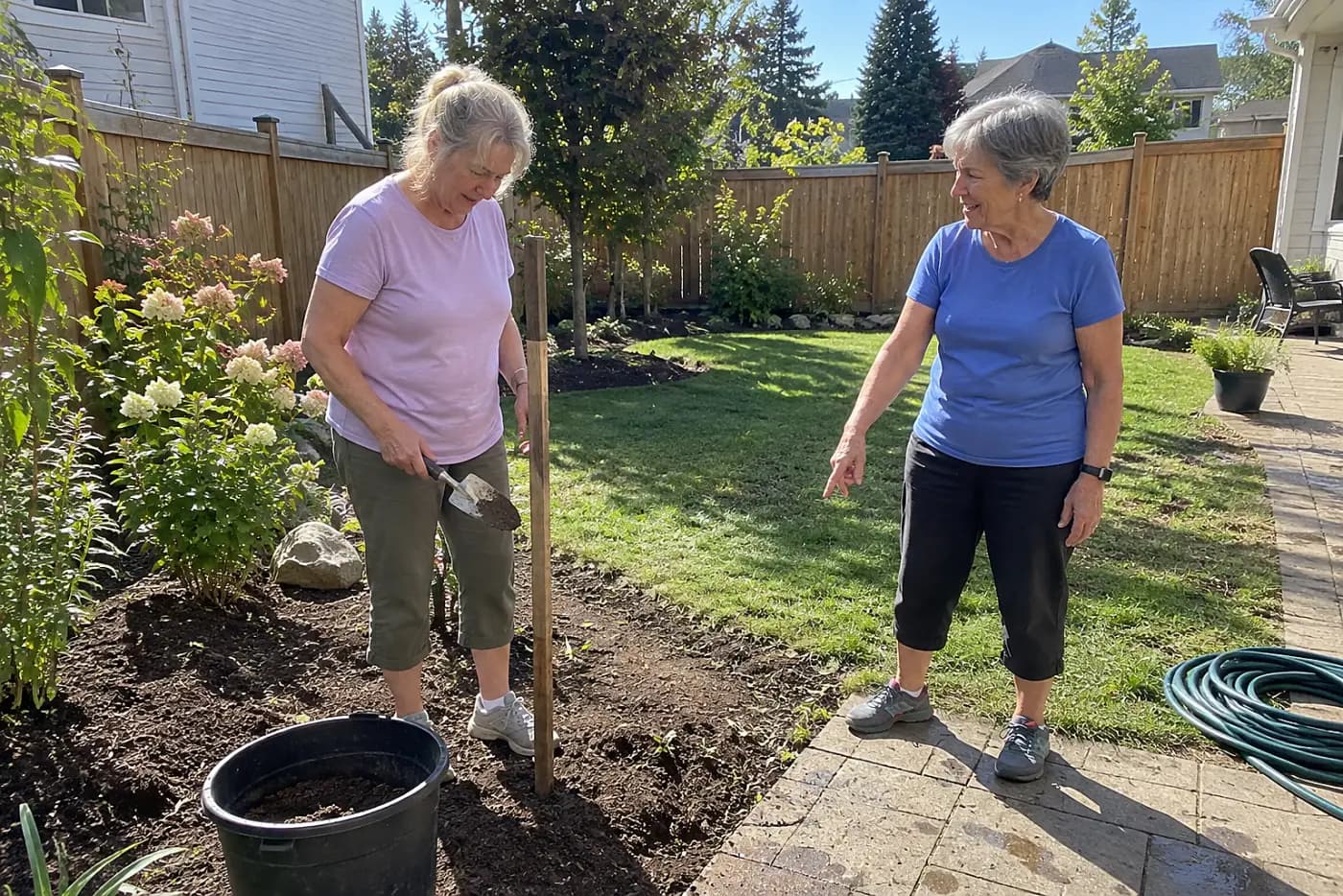 Older woman testing a planned bed height with a trowel beside a backyard stake.