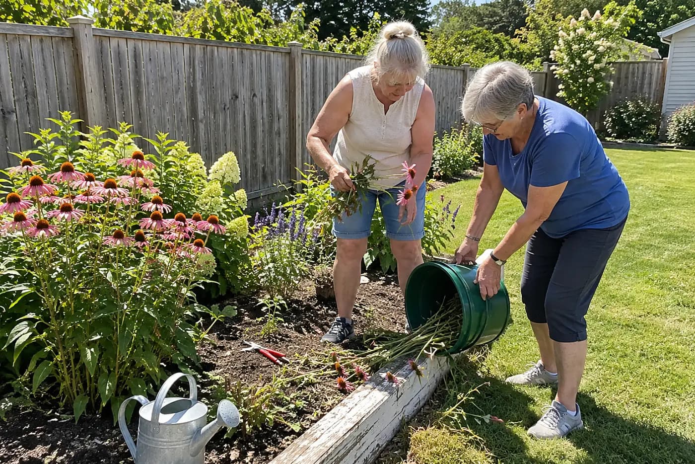 Older woman dropping cut stems into a bucket beside a flower bed.