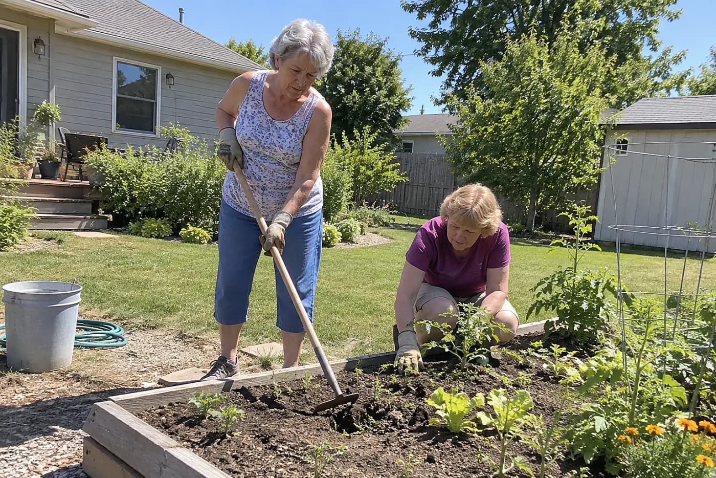 Older woman using a long-handled hoe on small weeds beside her vegetable bed.