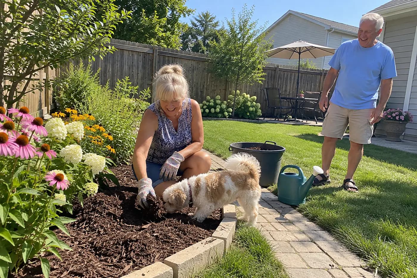 Older woman spreading mulch between flowers in her backyard bed.