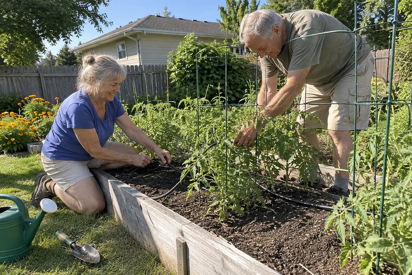 Older woman laying drip tubing beside tomato plants in a garden bed.
