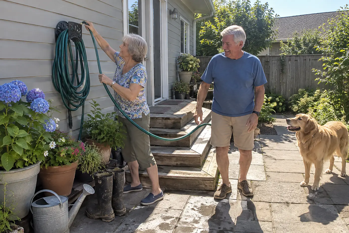 Older woman hanging a hose beside potted plants near her back steps.
