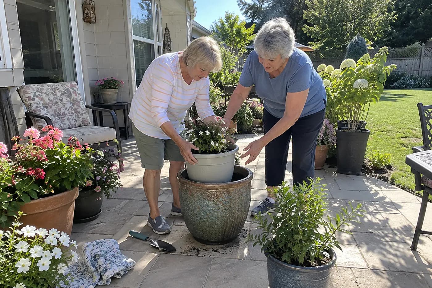 Older woman placing a light nursery pot inside a larger decorative pot on her patio.