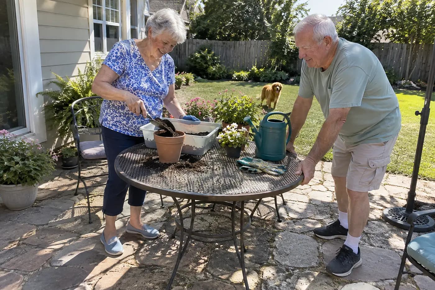 Older woman scooping potting mix from a small tub on a patio table.