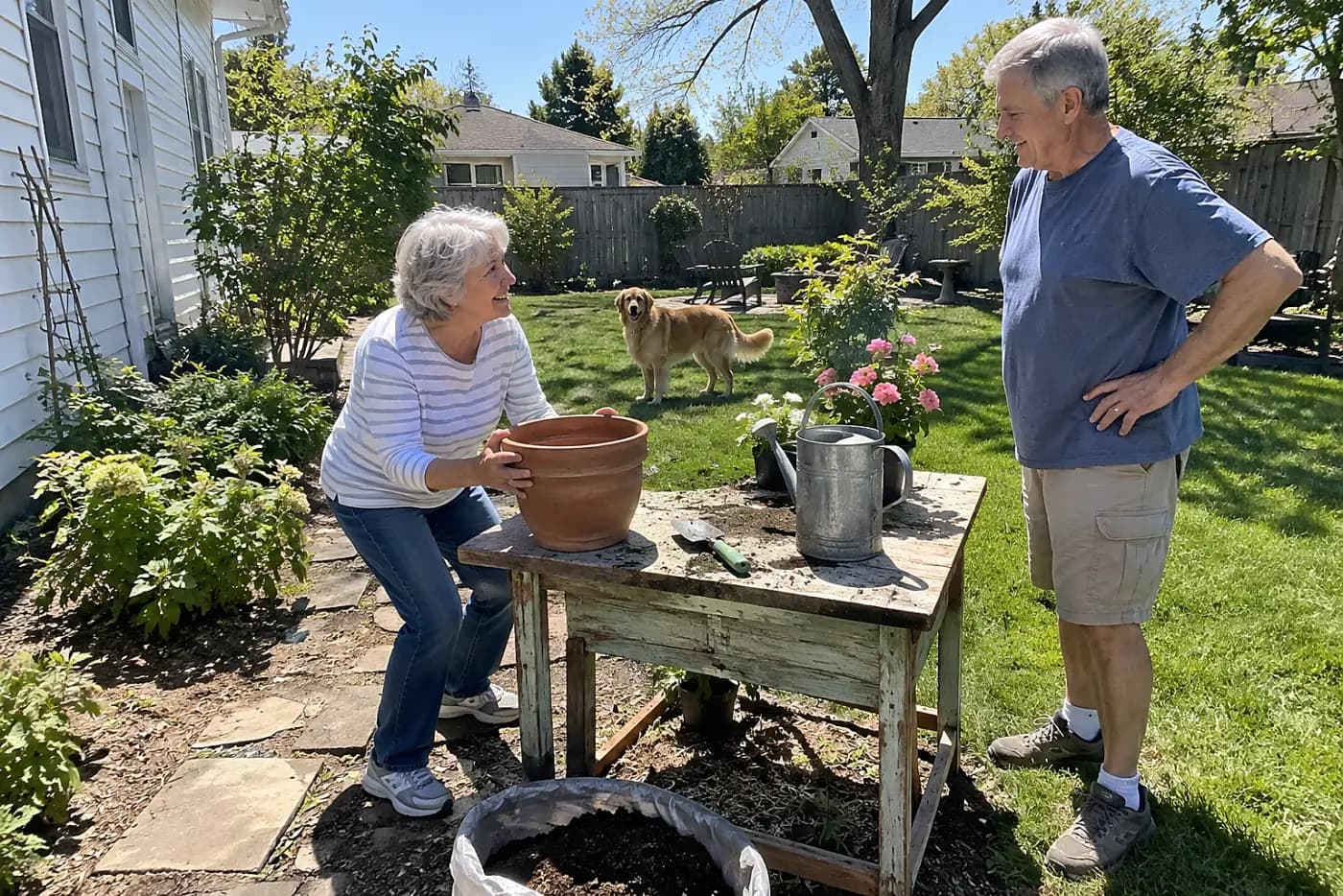 Older woman testing a potting table height with an empty pot in her backyard.