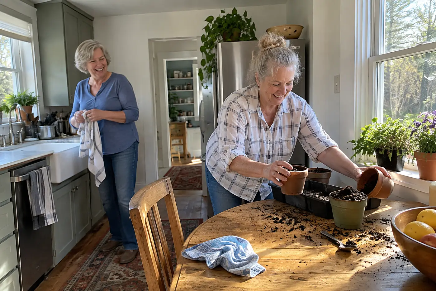 Older woman setting seed pots on a tray at her kitchen table.