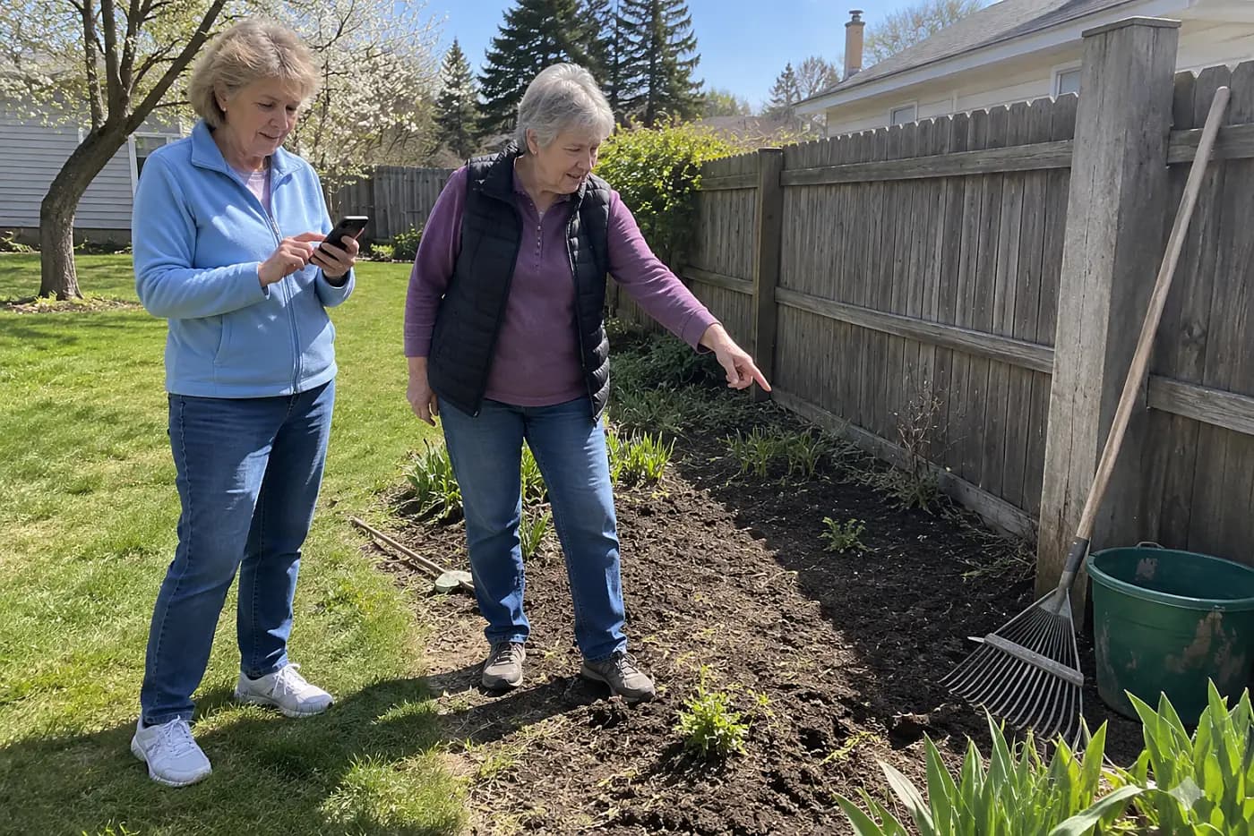 Older woman entering a spring reminder into her phone beside the cleared garden.