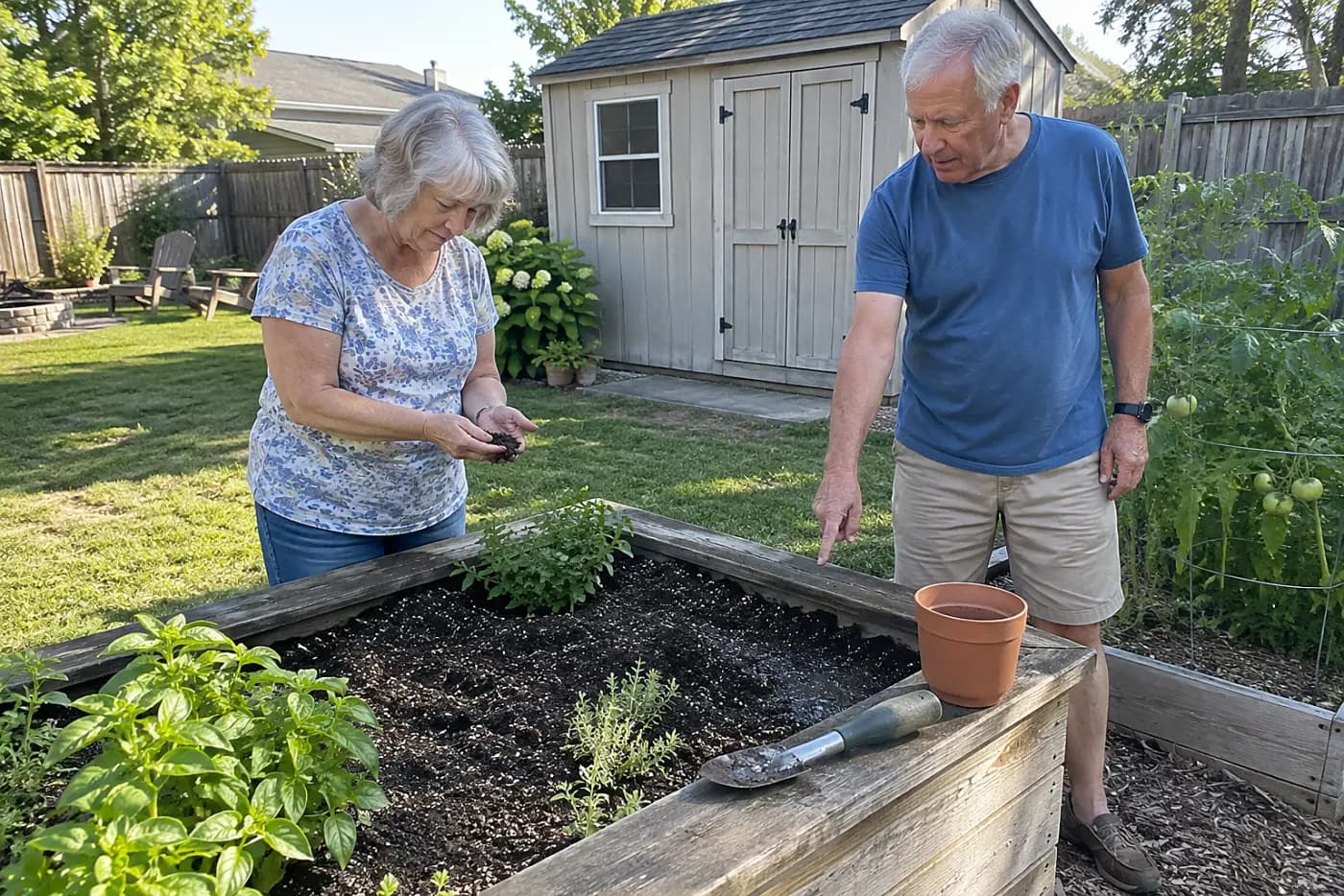 Older woman examining soil inside a raised bed in her backyard.