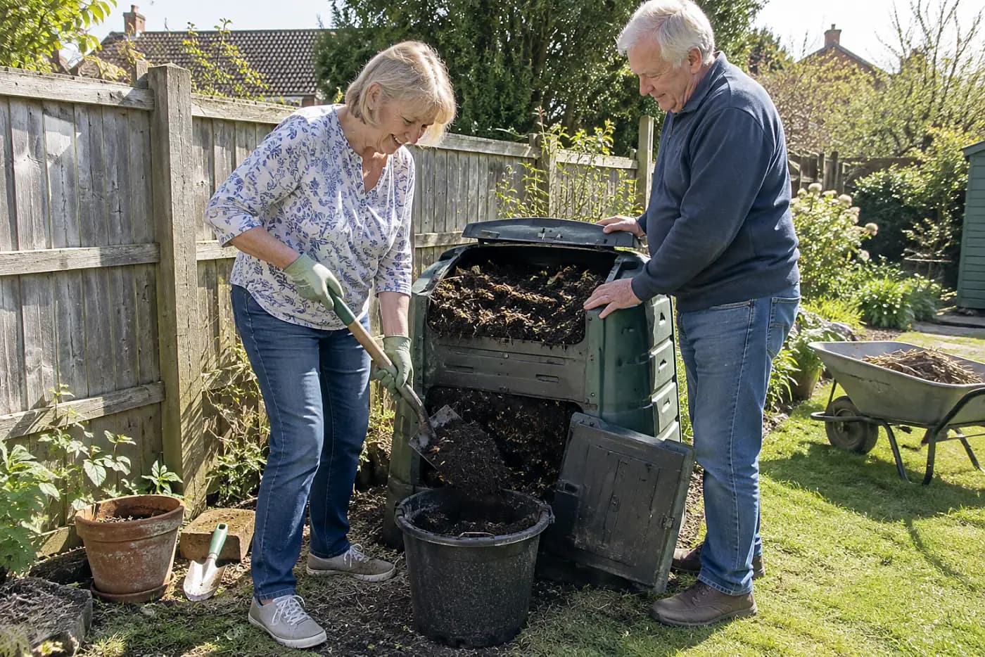 Older woman filling a bucket with finished compost beside a backyard bin.