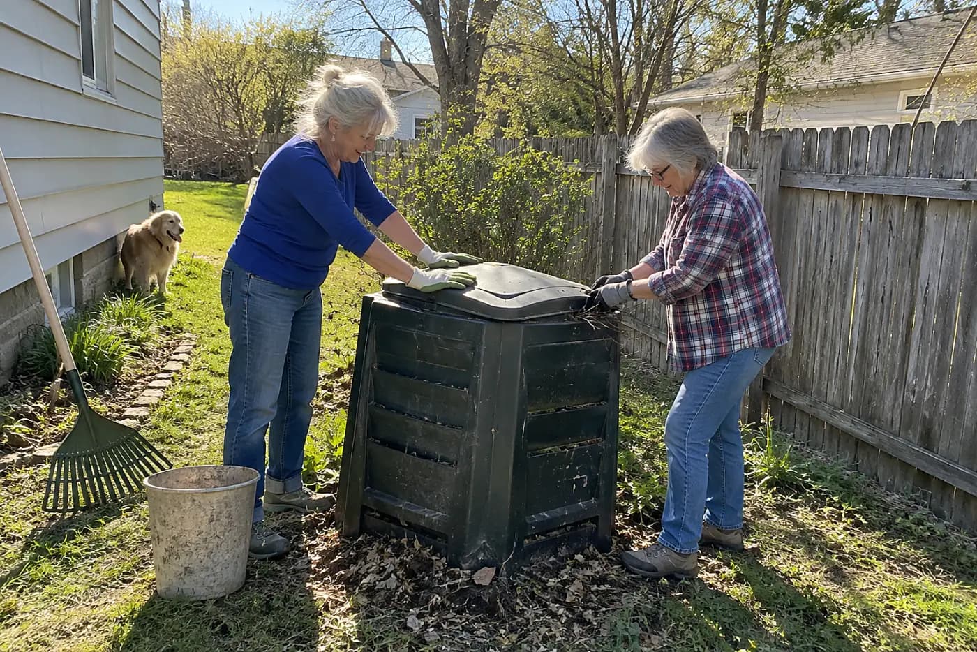 Older woman closing a compost bin behind her house.