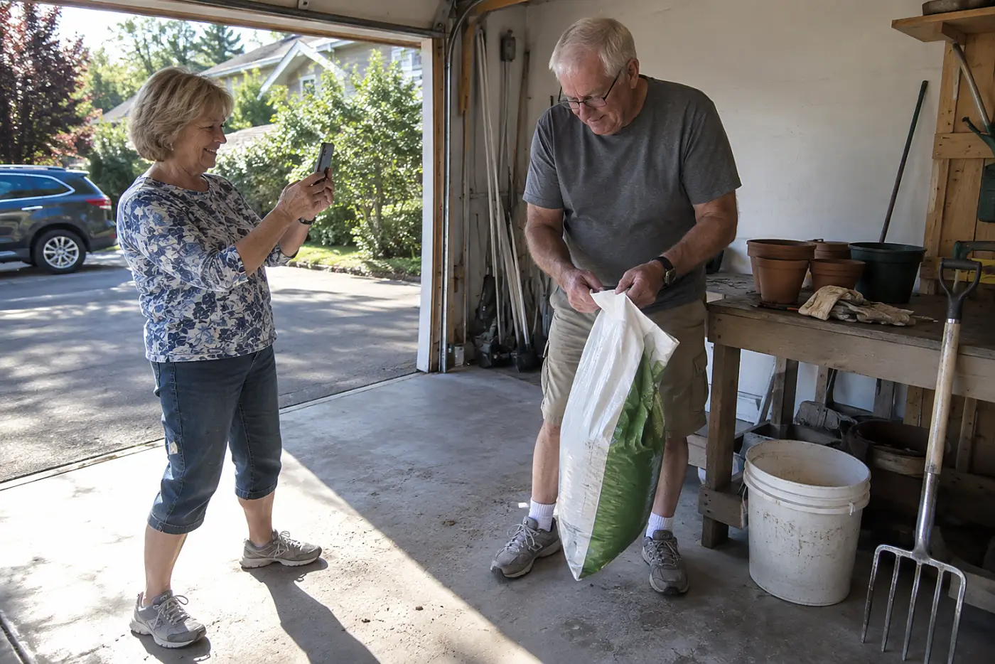 Older woman photographing the label on a fertilizer bag in her garage.