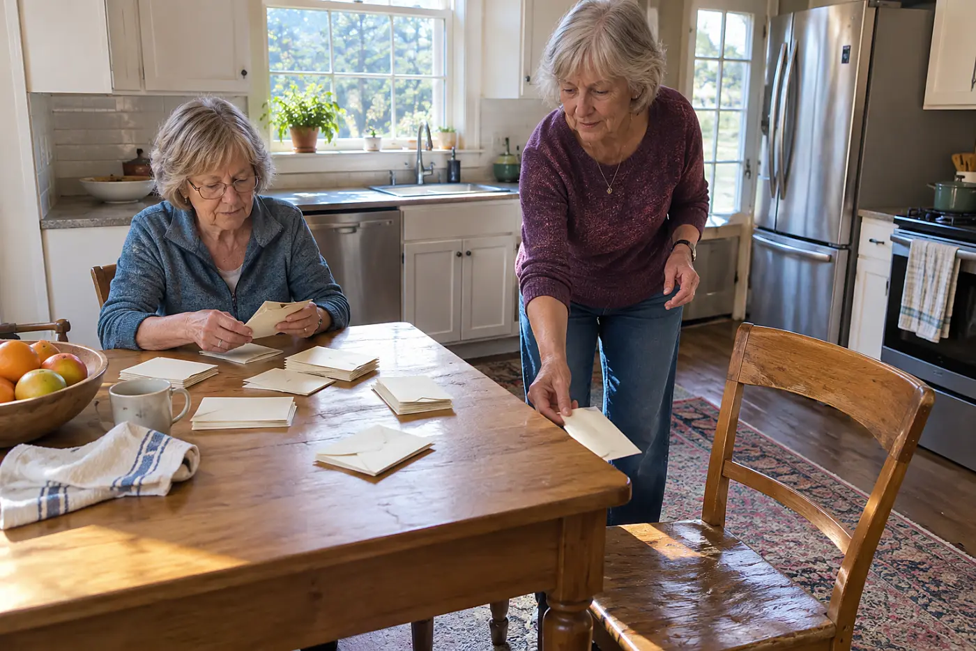 Older woman sorting seed packets at her kitchen table.