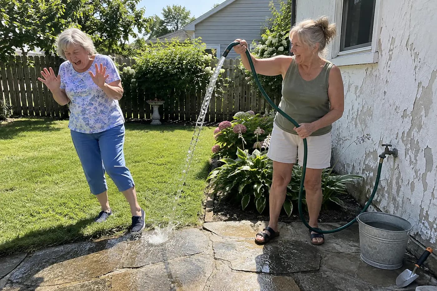 Older woman draining a garden hose beside an outdoor faucet.