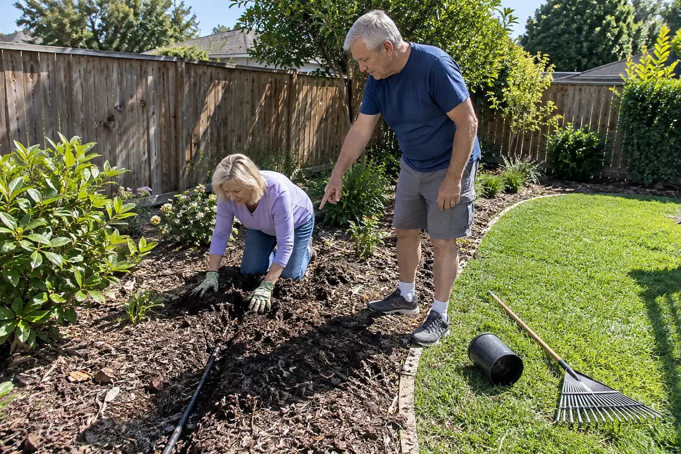 Older woman following a drip irrigation line beneath mulch in her yard.