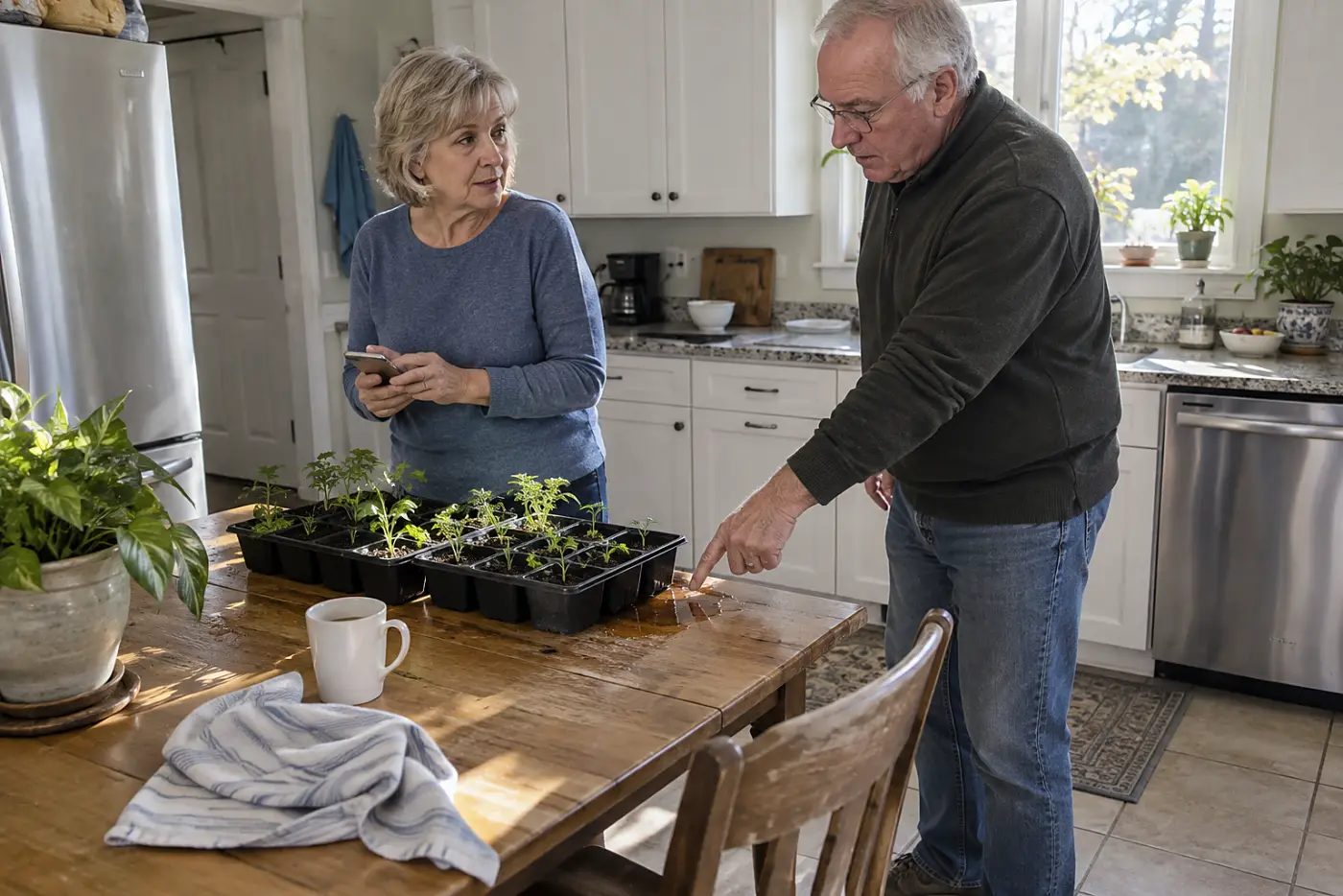 Older woman texting a neighbor beside seed trays on her kitchen table.