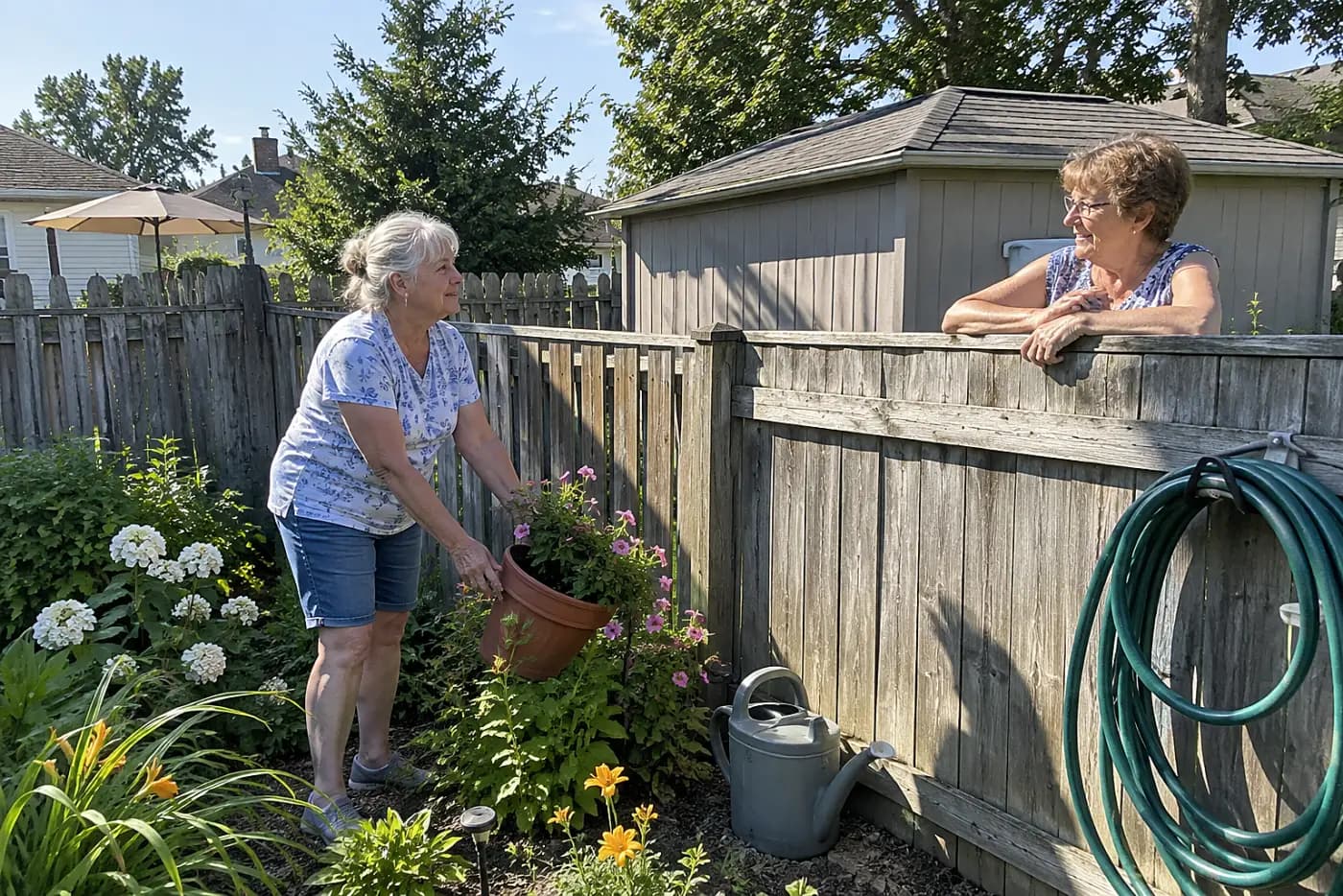 Older woman talking with a neighbor across a backyard fence.