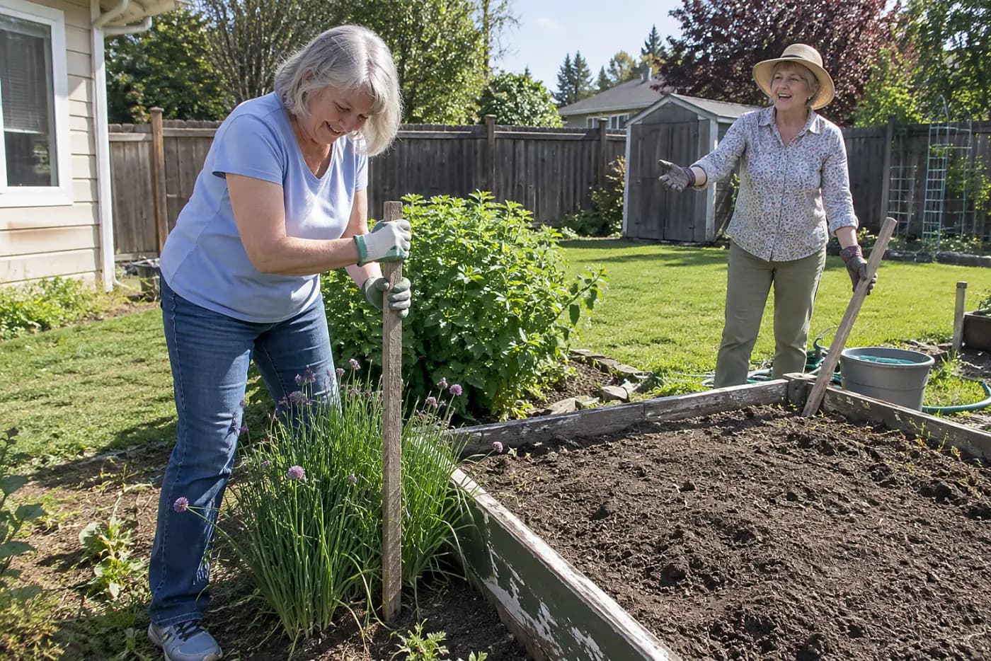 Older woman placing wooden stakes around chives beside an empty vegetable bed.