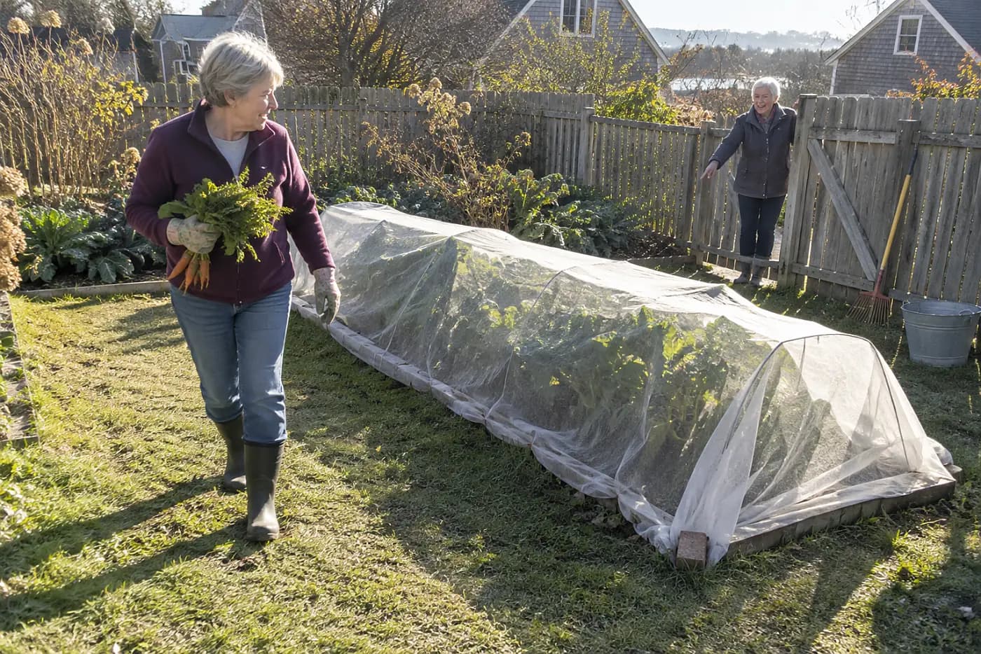 Older woman walking past a covered vegetable bed in the morning.