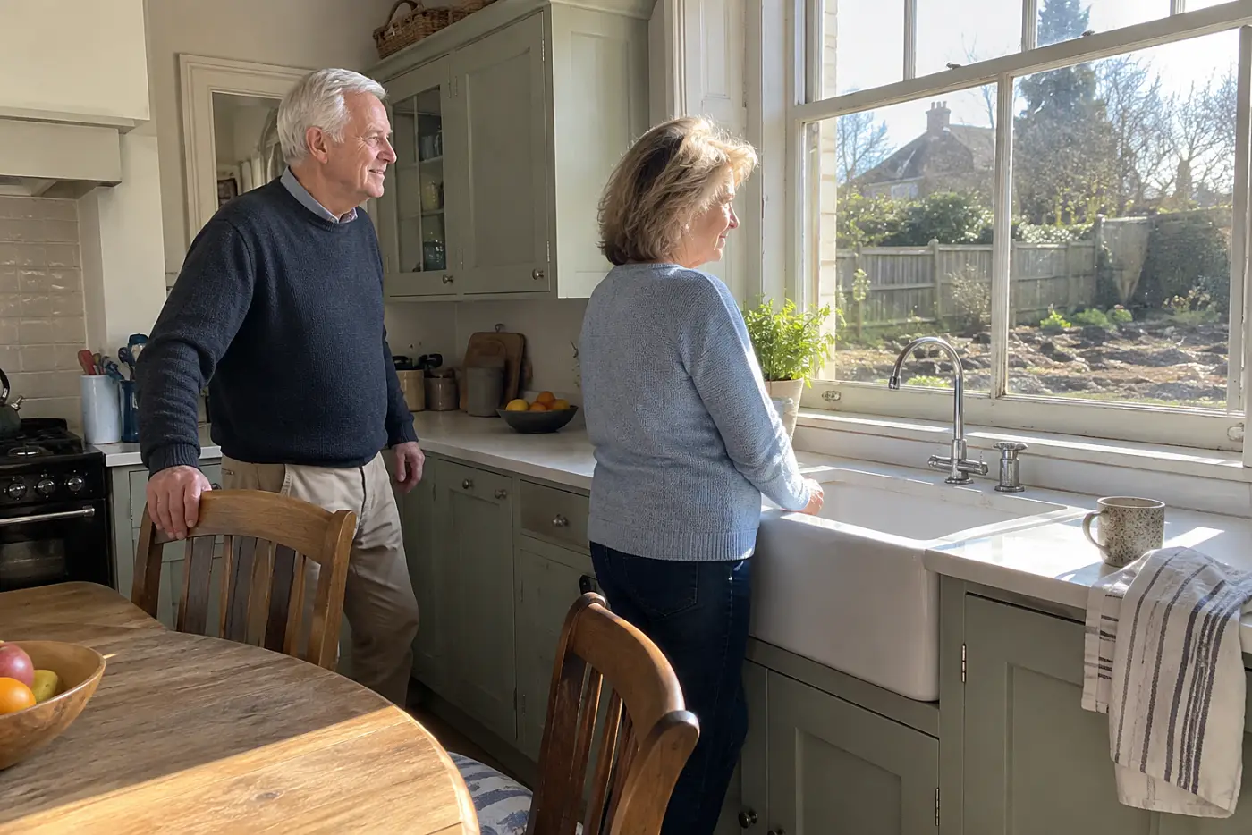 Older woman looking at an empty garden bed through her kitchen window.