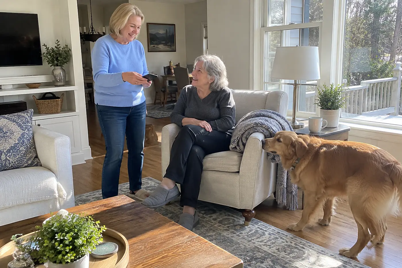 Older woman looking at a summer garden photograph on her phone at home.