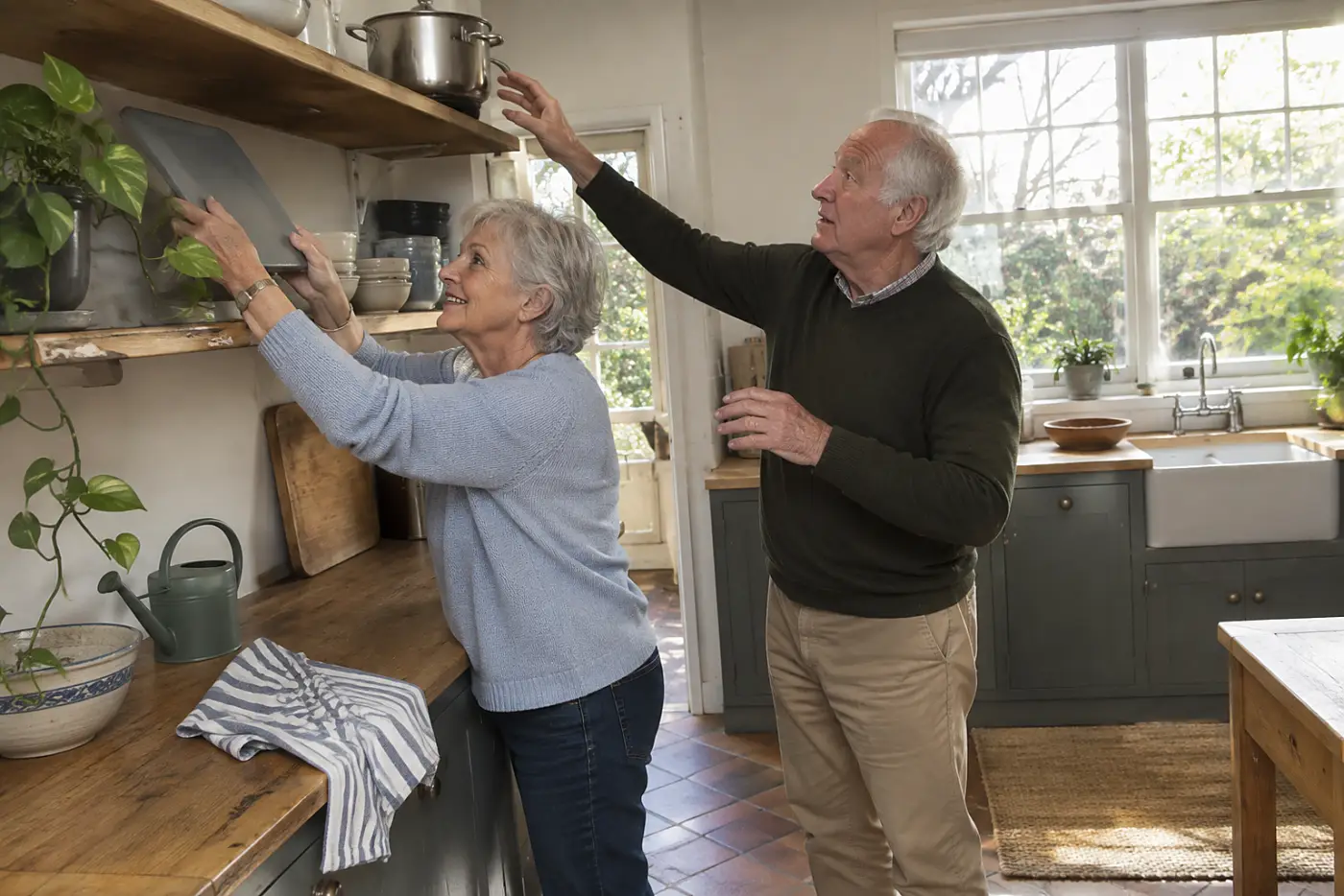 Older woman placing a garden notebook on a shelf in her kitchen.
