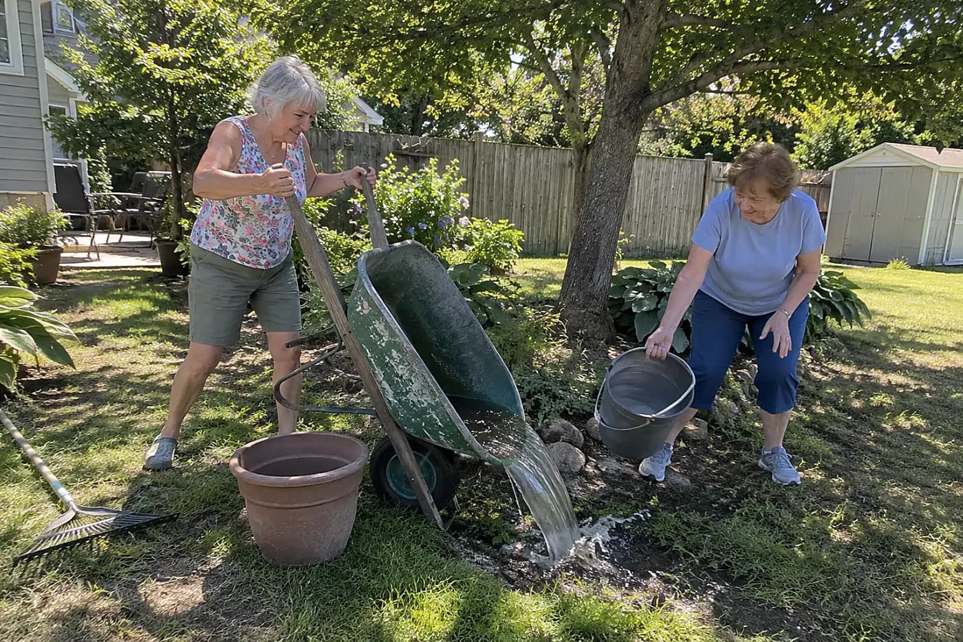 Older woman tipping water from a wheelbarrow beneath a backyard tree.