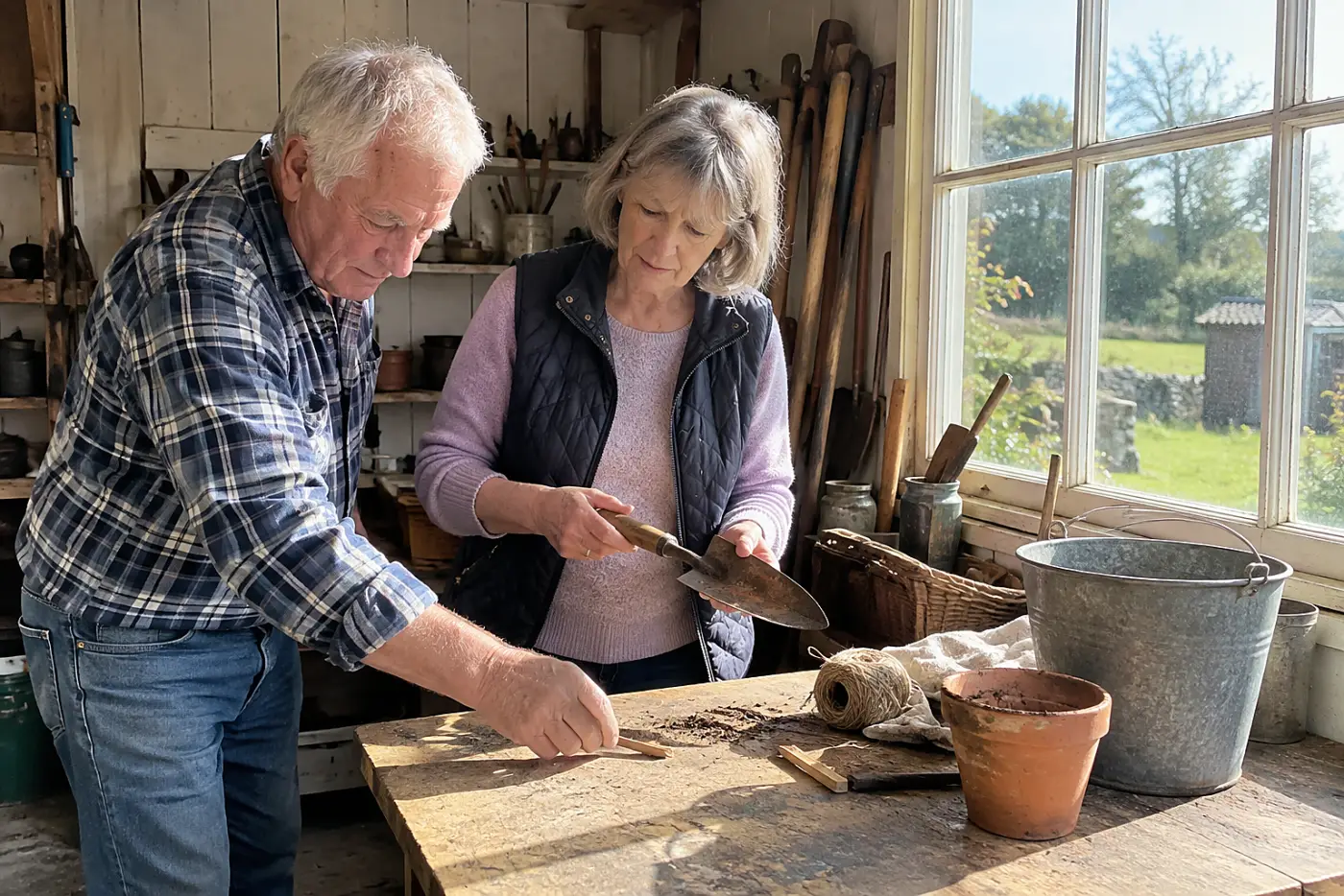 Older woman inspecting a cracked trowel handle at a workbench.