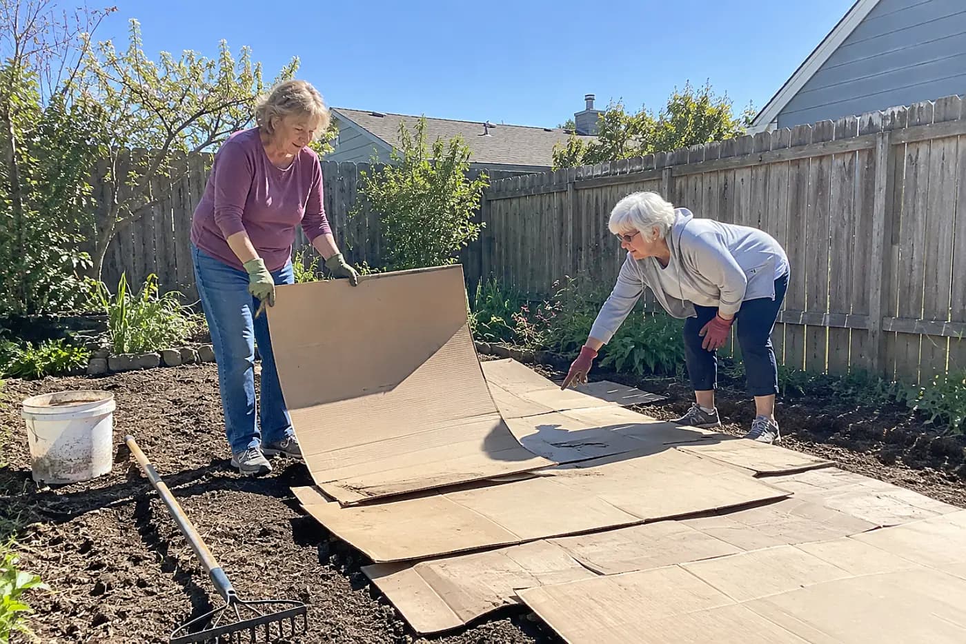 Older woman overlapping cardboard sheets across a cleared garden bed.