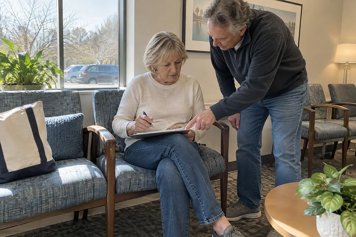 Older woman filling out a clinic form while her companion sits beside her.