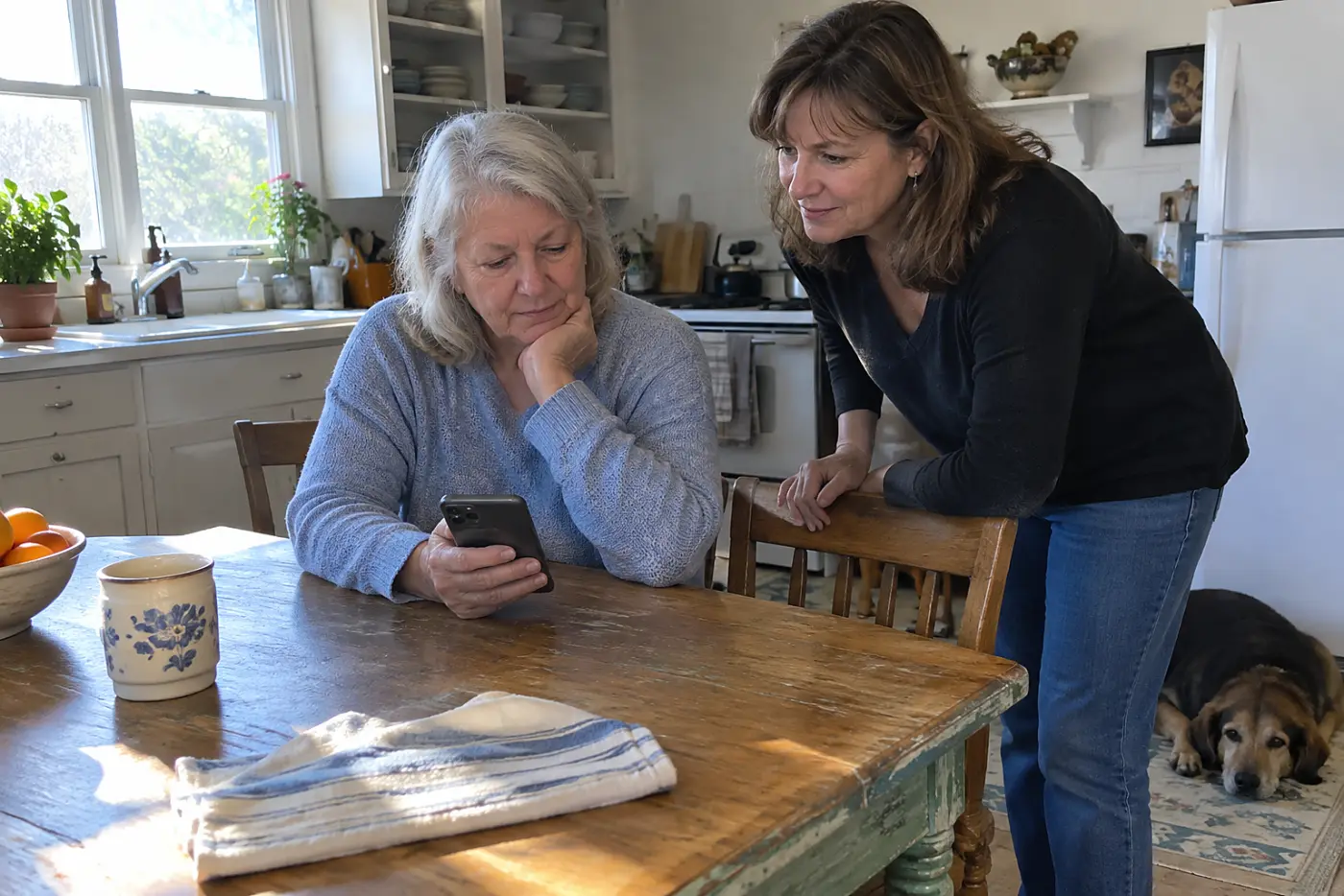 Older woman reading her résumé on a phone at her kitchen table.