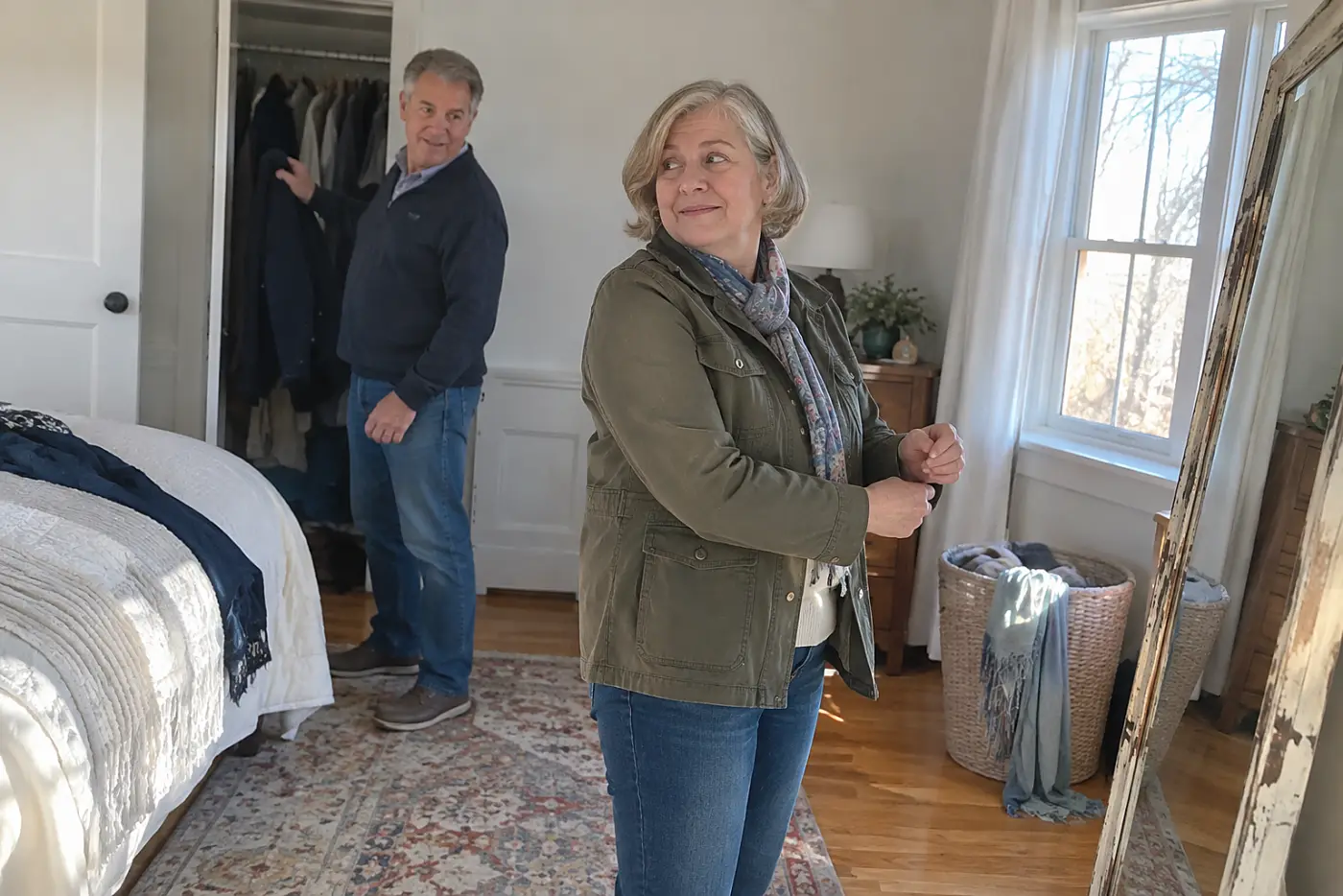 Older woman checking the fit of her jacket in a bedroom mirror.