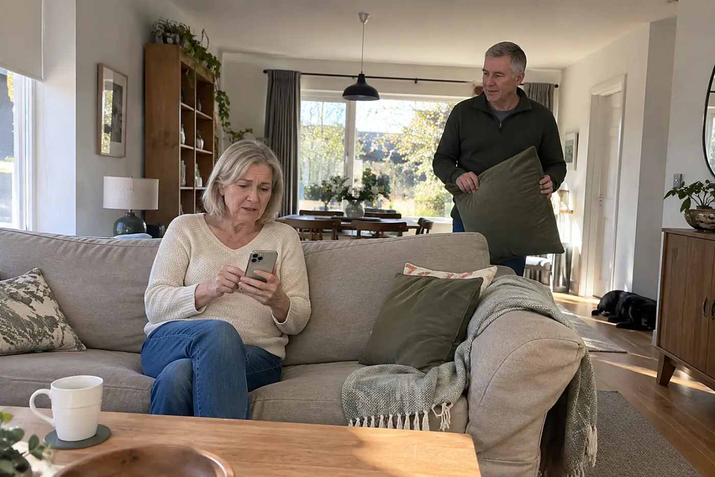 Older woman reading a comment beneath her photo on the living room sofa.