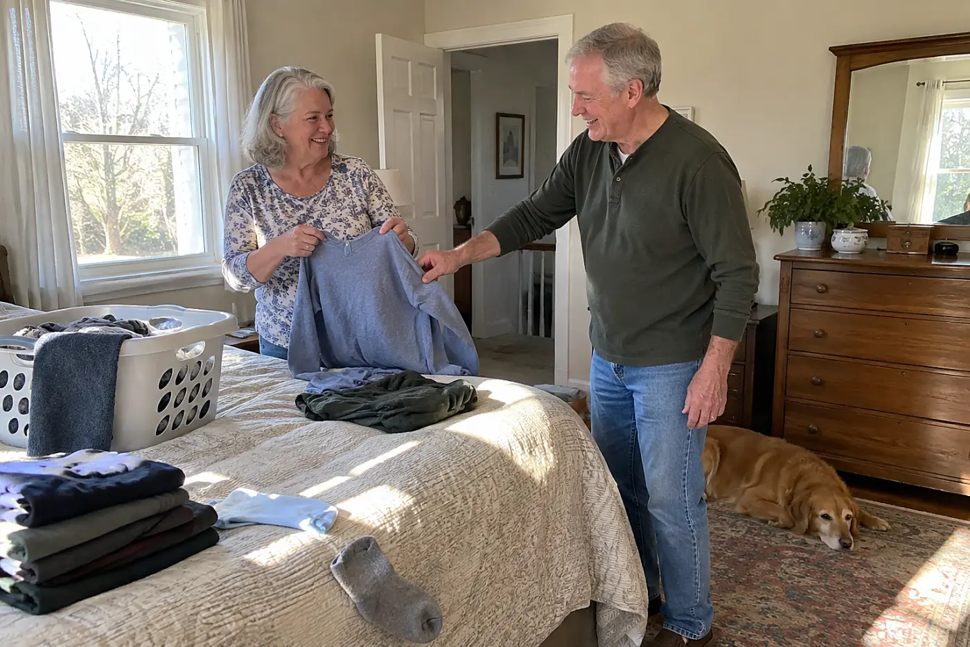 Older woman speaking with her partner while folding laundry in their bedroom.