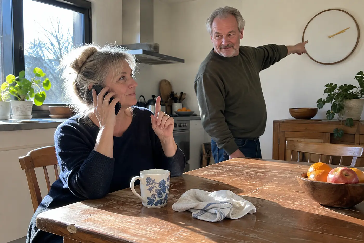 Older woman making a salon appointment on her phone at the kitchen table.