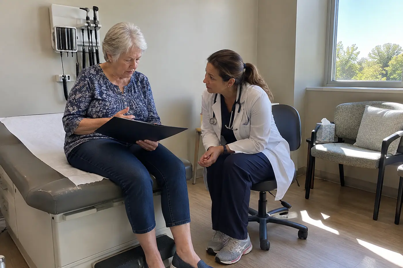 Older woman consulting notes while speaking to a clinician in an exam room.