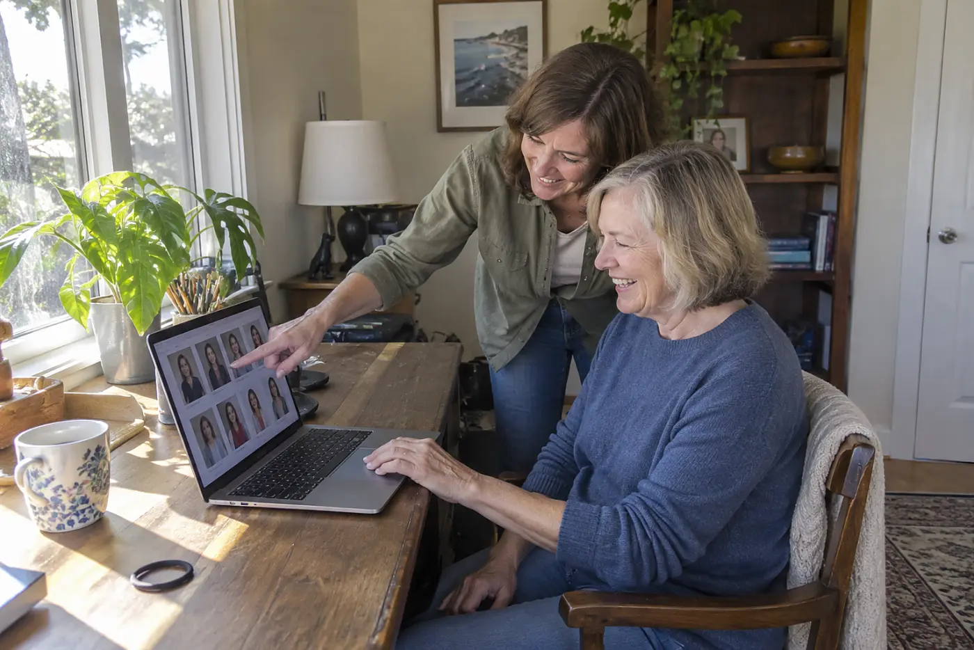 Older woman choosing a profile photo on her laptop at a home desk.
