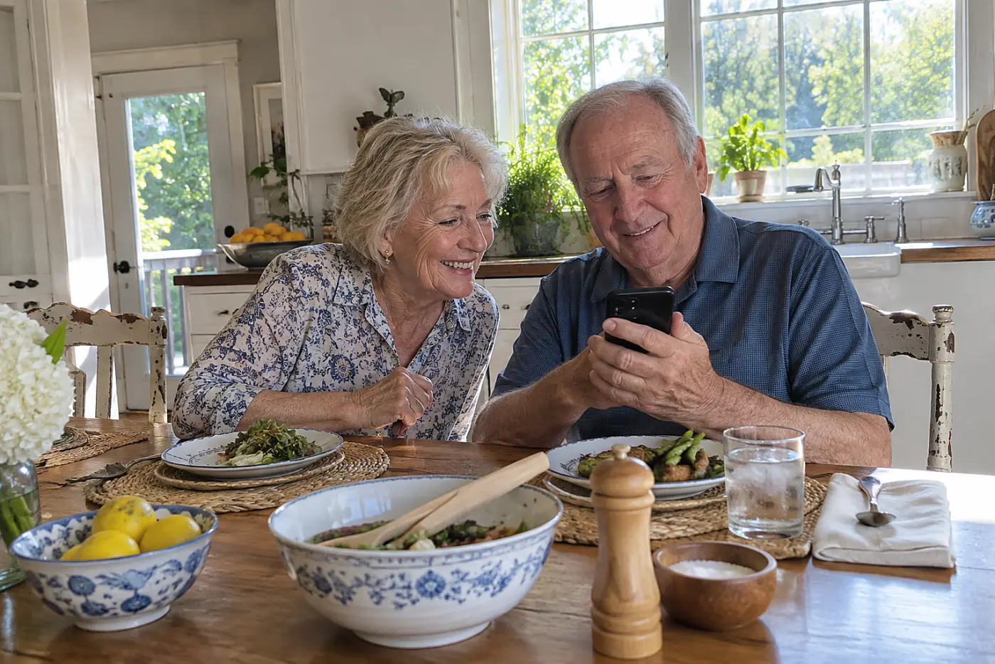 Older woman looking at a family photo on a phone at the dinner table.