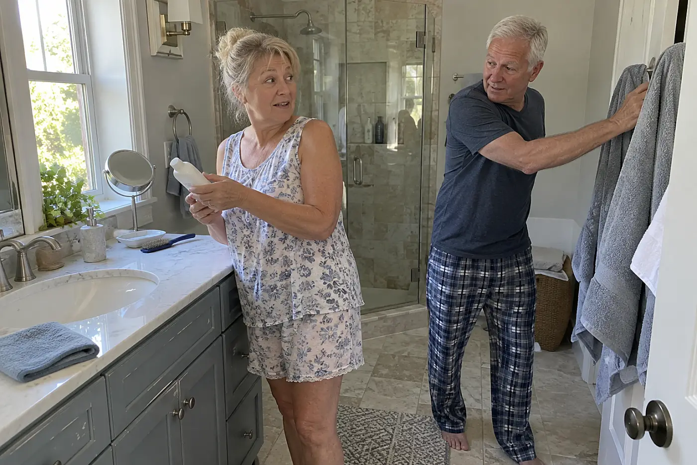 Older woman reading the directions on a shampoo bottle in her bathroom.