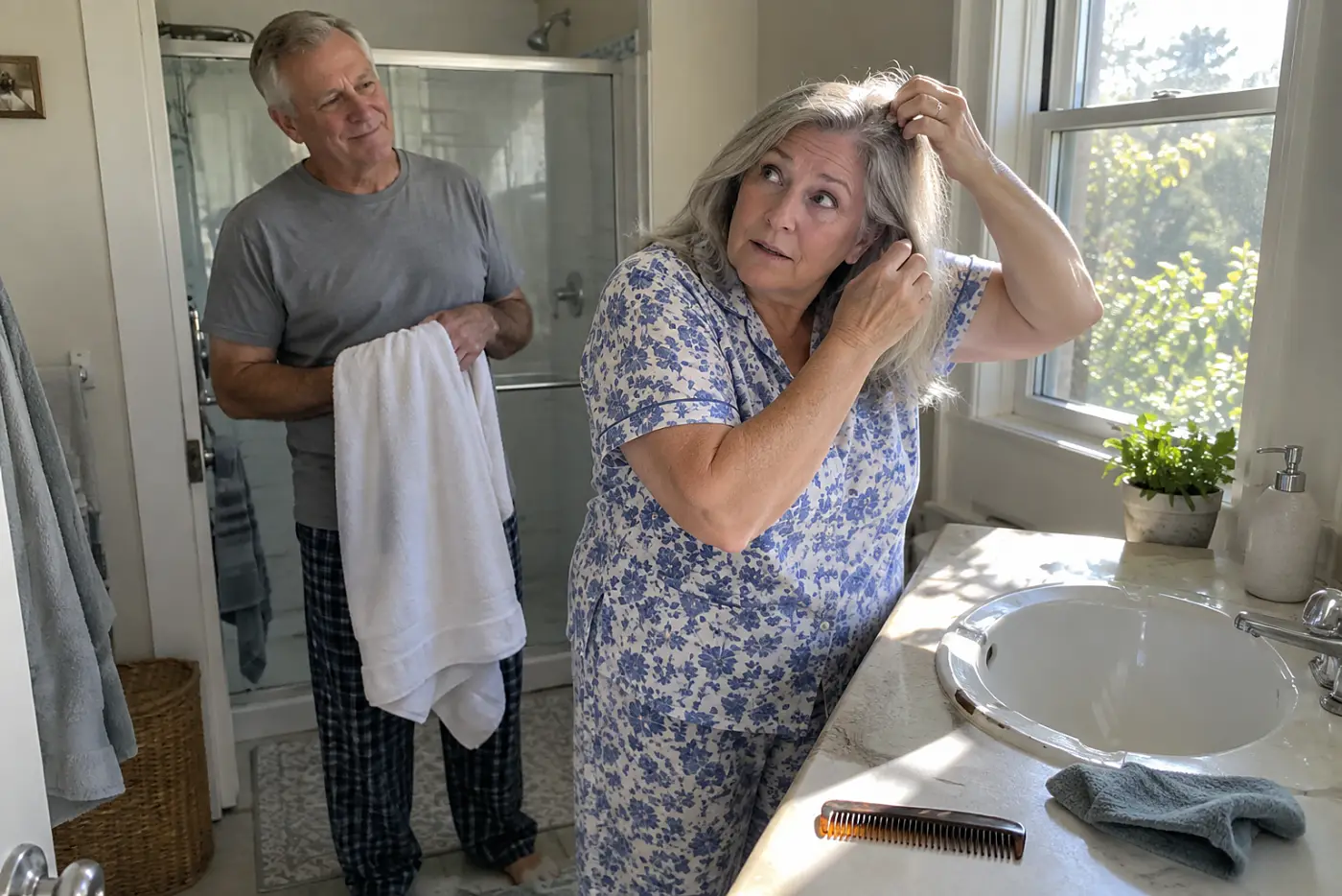 Older woman examining her hair beside a bathroom window.