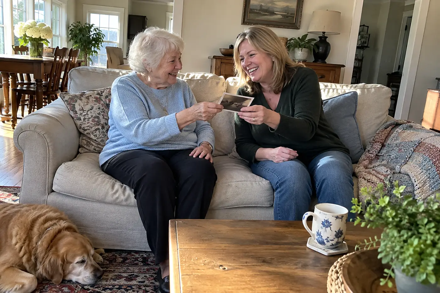 Older woman showing her granddaughter an old photograph in the living room.