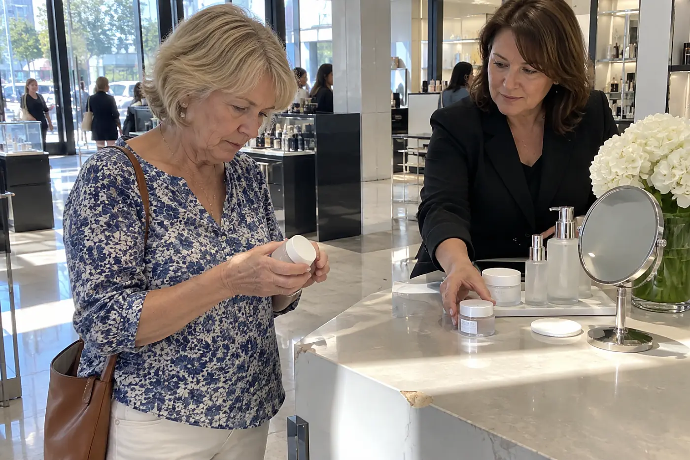 Older woman reading a moisturizer label at a department store counter.