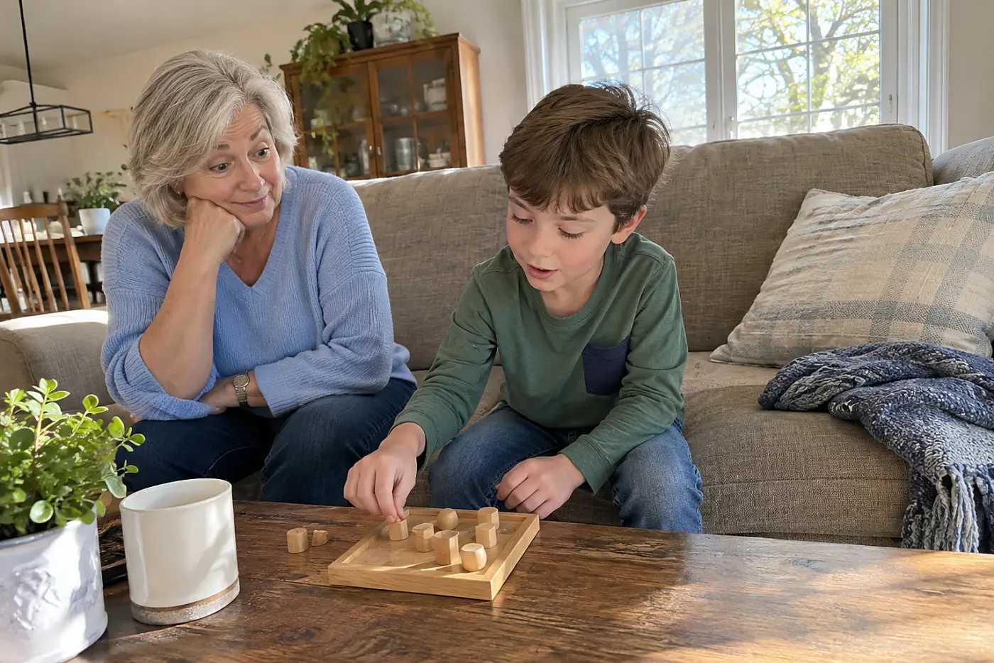 Grandmother listening as a child explains a game on the living room sofa.