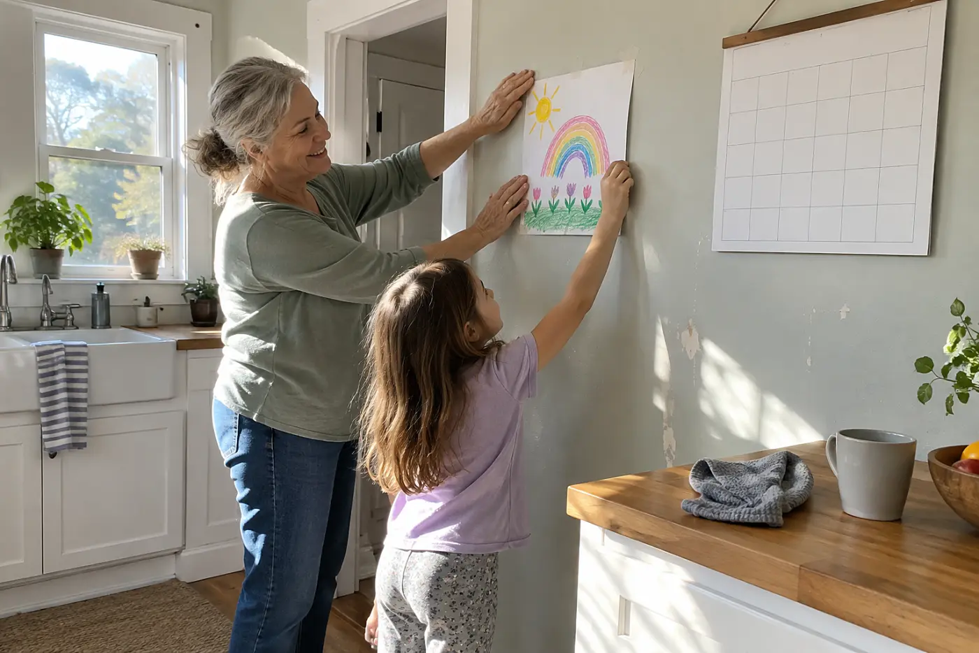 Grandmother taping a child’s drawing beside a calendar in the kitchen.