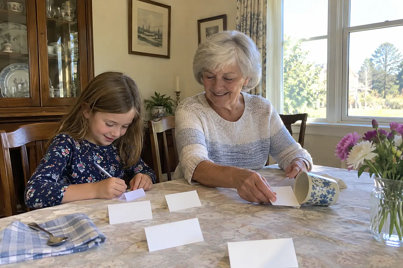 Grandchild writing place cards beside a grandmother at the dining room table.