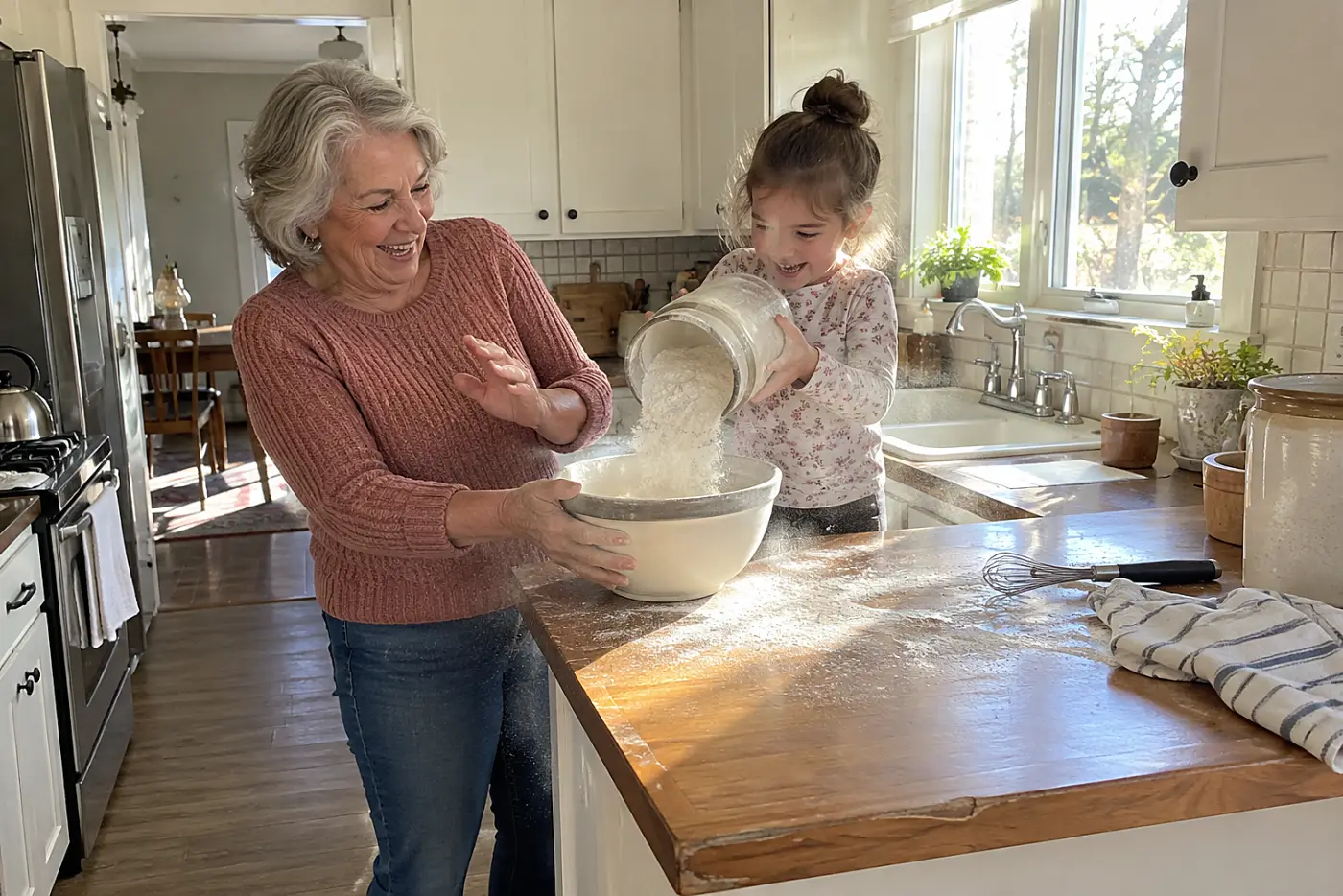 Grandmother holding a mixing bowl while a child pours flour at the kitchen counter.