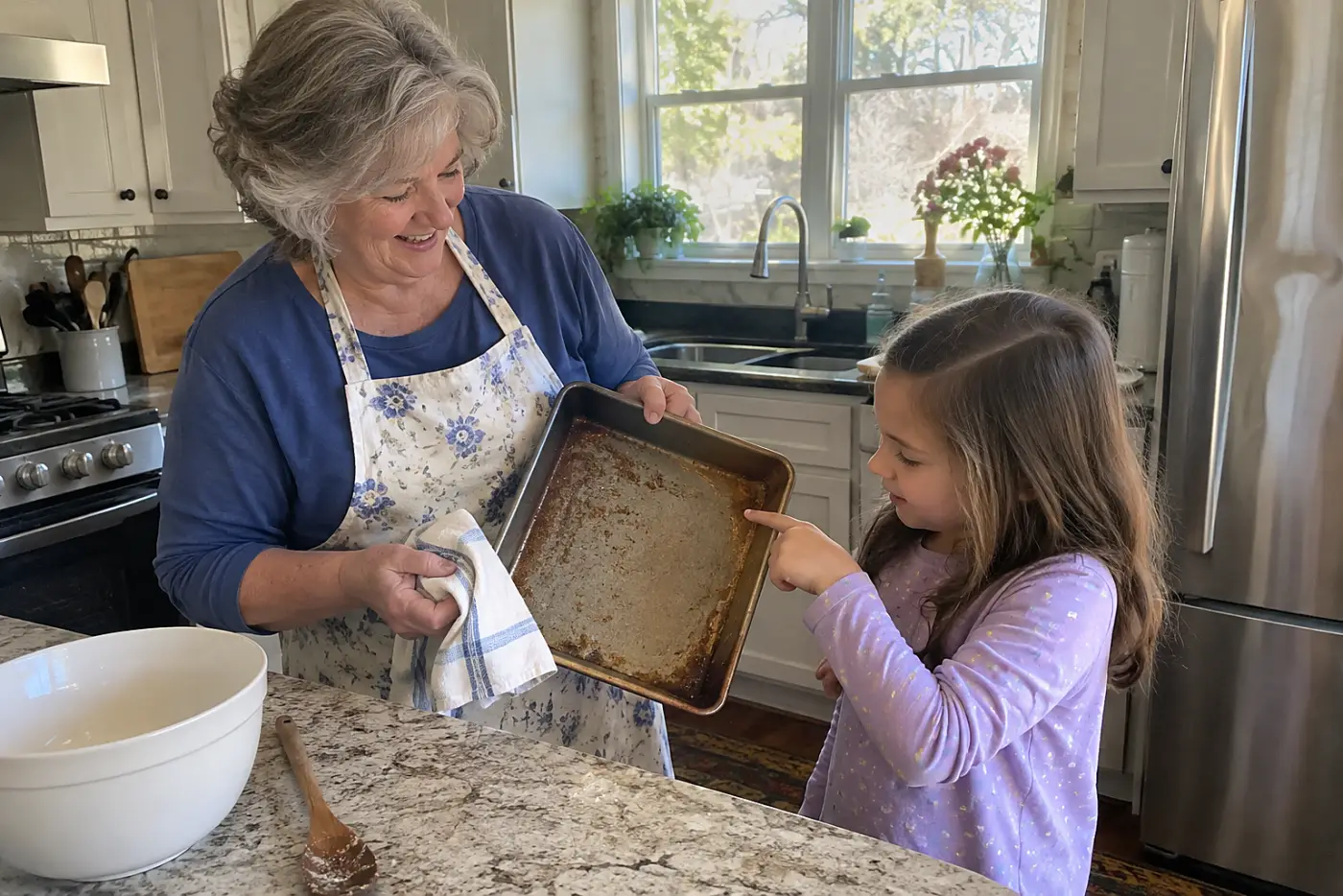 Grandmother showing a child a scratched baking pan in the kitchen.