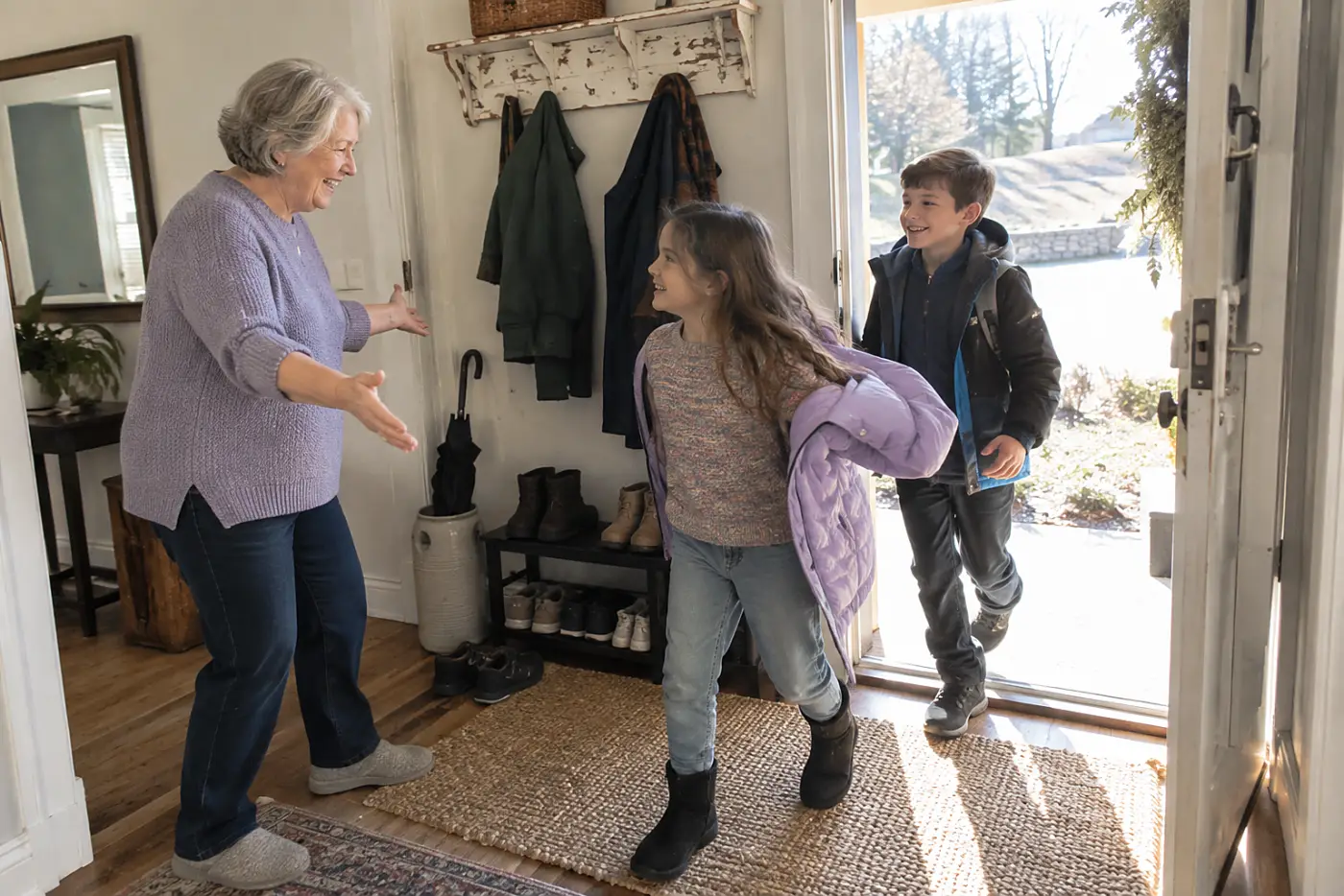 Grandmother greeting her grandchild’s friend beside the coat rack in the entryway.